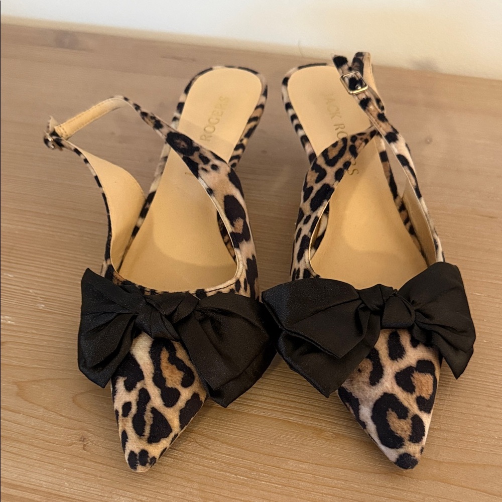 Leopard Print Pointed Slingback Heels with Black Bow